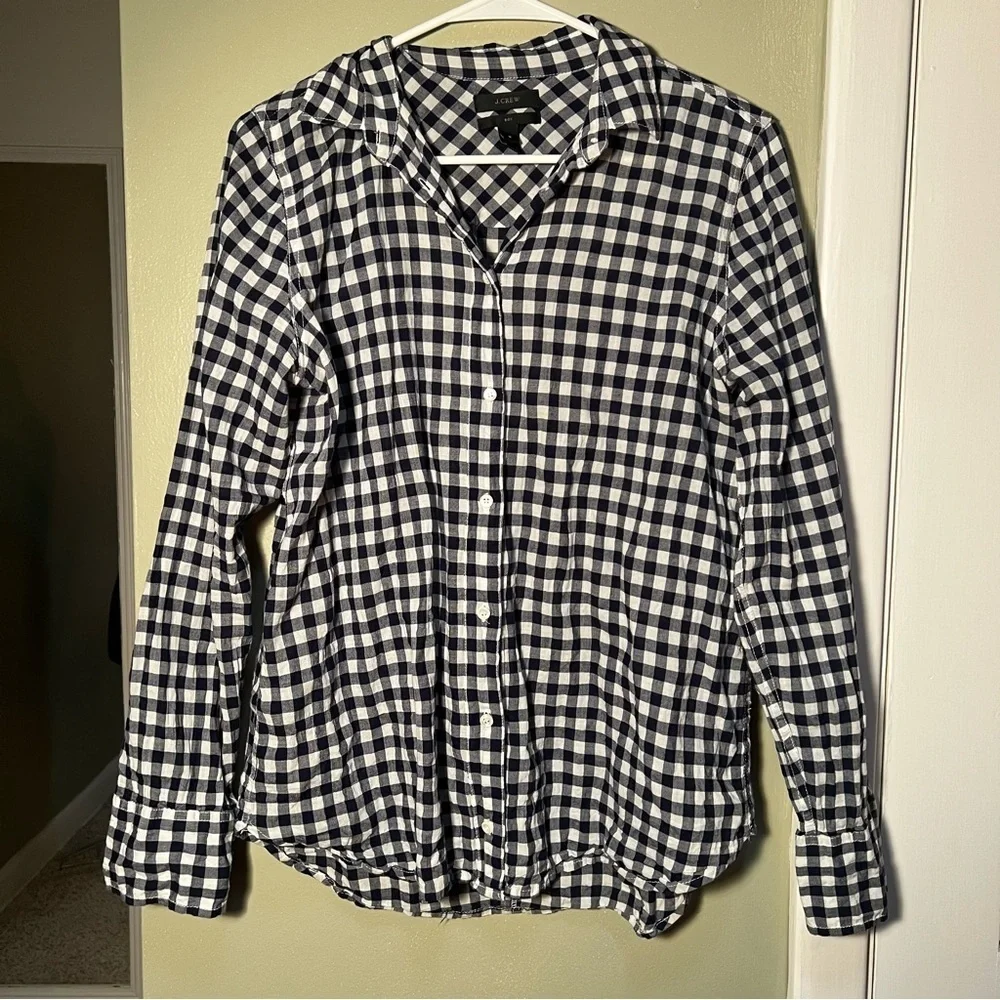 J. Crew Women's Size 6 Boy Shirt‎ Navy Blue White Gingham Button Down C6086